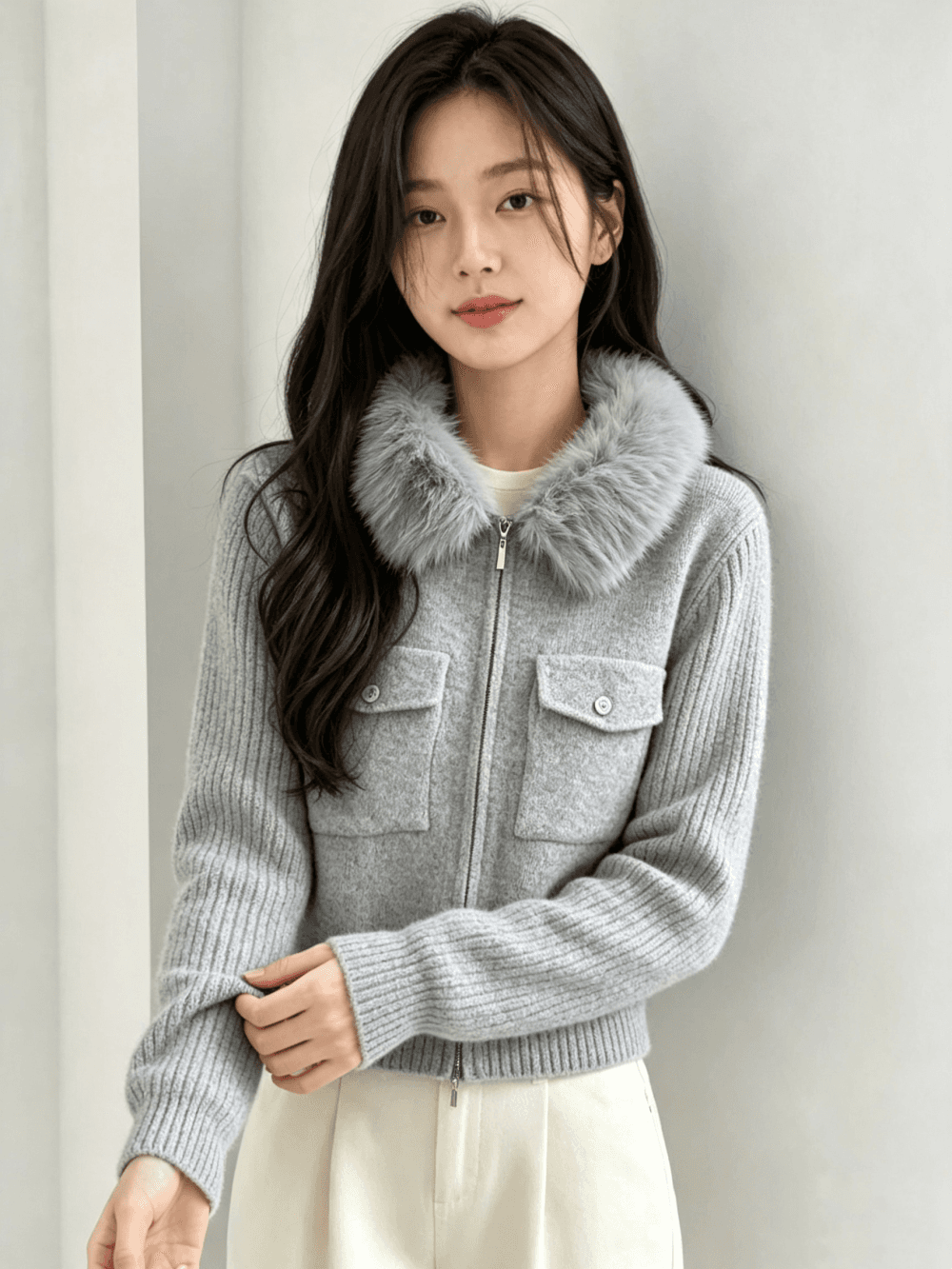 고급 센스 단색 주머니 지퍼 디자인 양모 니트 오픈 가디건 다용도 연령 감소 플리스 털털 의류 여성 코트 상세 이미지 3