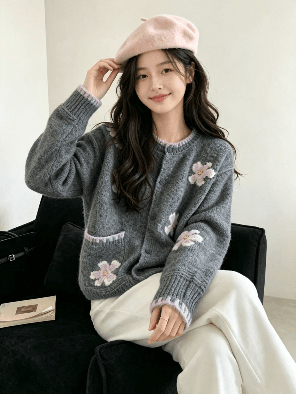 레트로 꽃 배색 스웨터 여성 코트 두꺼운 2025 가을 겨울철 새로운 달콤함 부드러운 연령 감소 니트 오픈 가디건 이미지 3