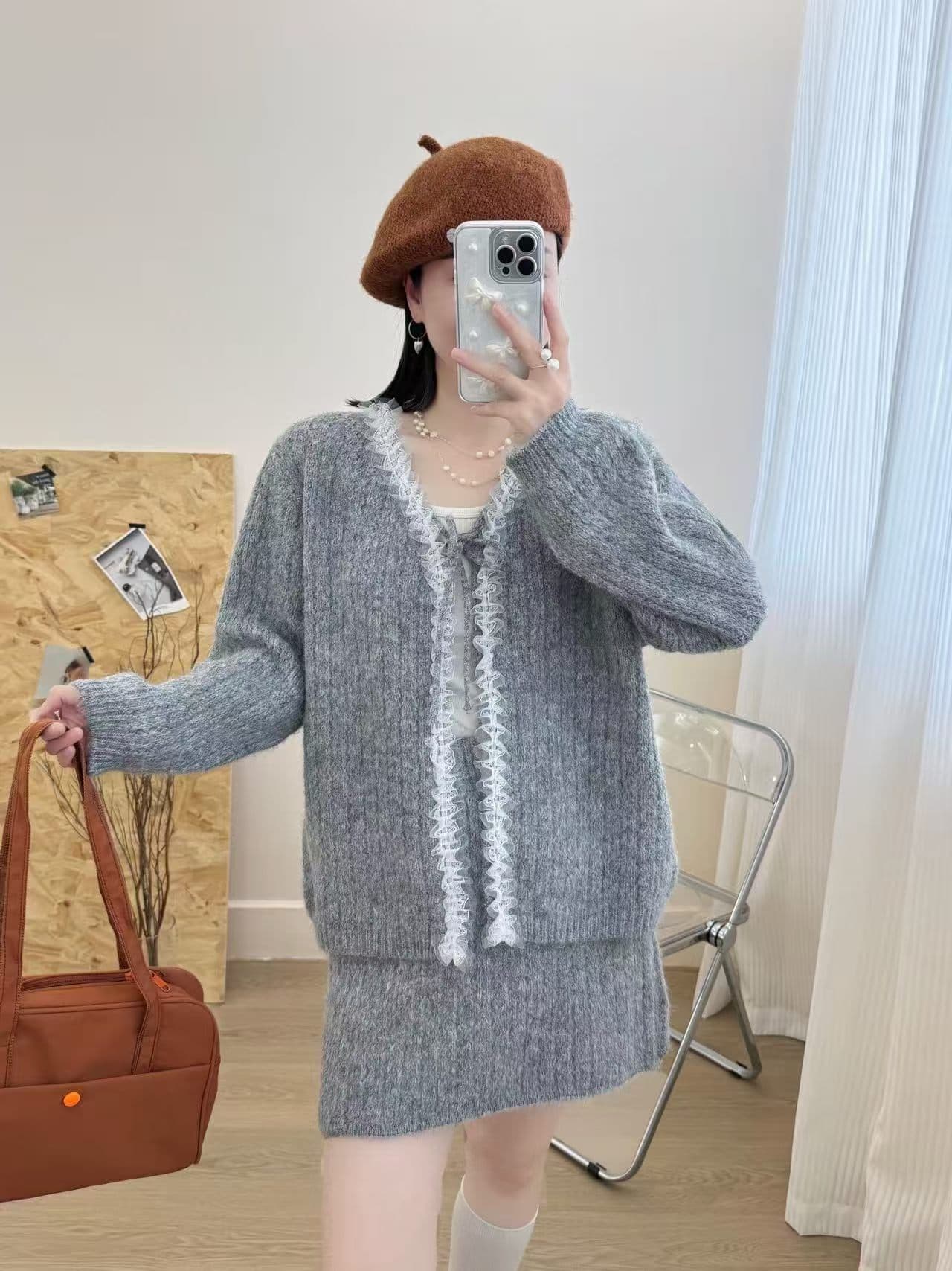 레이스 미니멀리즘 레이스업 작은 샤넬 스타일 미니 스커트 니트 세트 여성 스웨터 투피스 세트 트렌디 상세 이미지 8