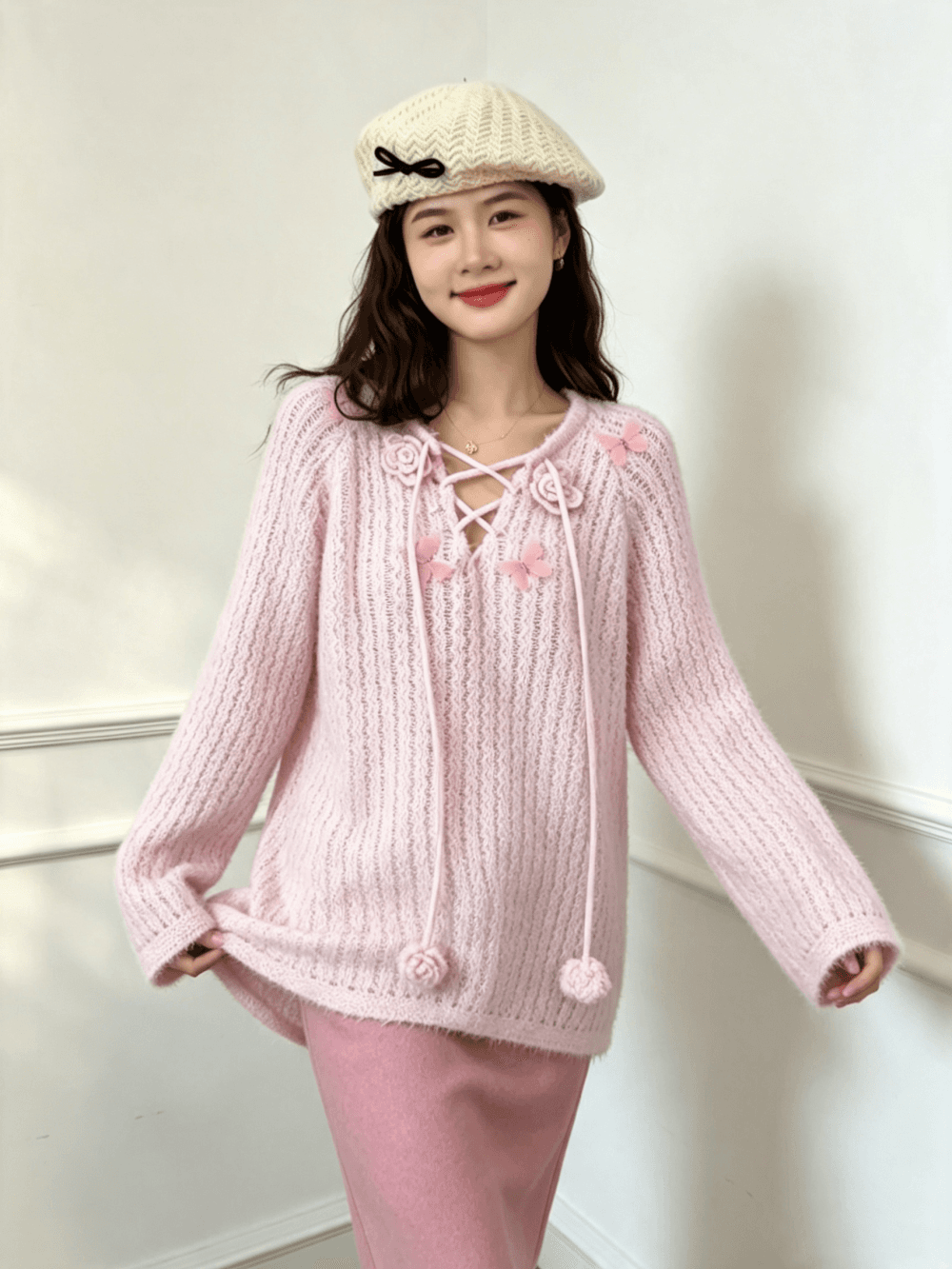 가을 겨울 새로운 우아함 부드러운 다용도 나비 매듭 달콤함 스웨터 여자 풀오버 니트 맨위 여성 이미지 5