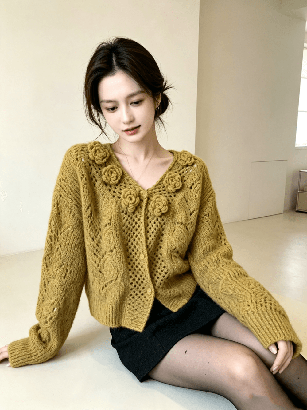 수공 3 차원 꽃 니트 오픈 가디건 달콤함 무거운 작업 작은 샤넬 스타일 스웨터 여성 코트