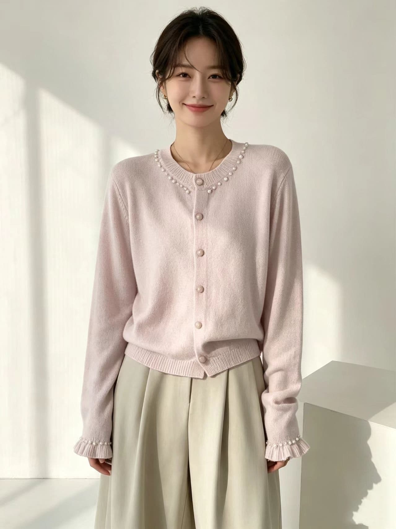 작은 샤넬 스타일 고급 달콤함 비즈 박기 다용도 니트 오픈 가디건 여성 스웨터 코트 상세 이미지 8