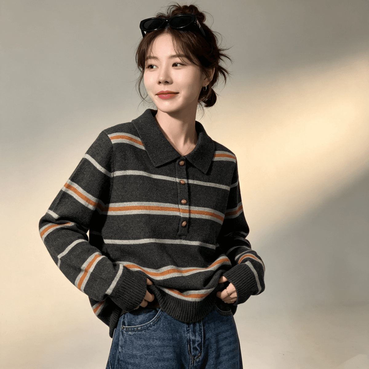 가을 겨울 새로운 스트라이프 ppolo 칼라 풀오버 패션 풀오버 니트 스웨터 스웨터 맨위 여성 이미지 3