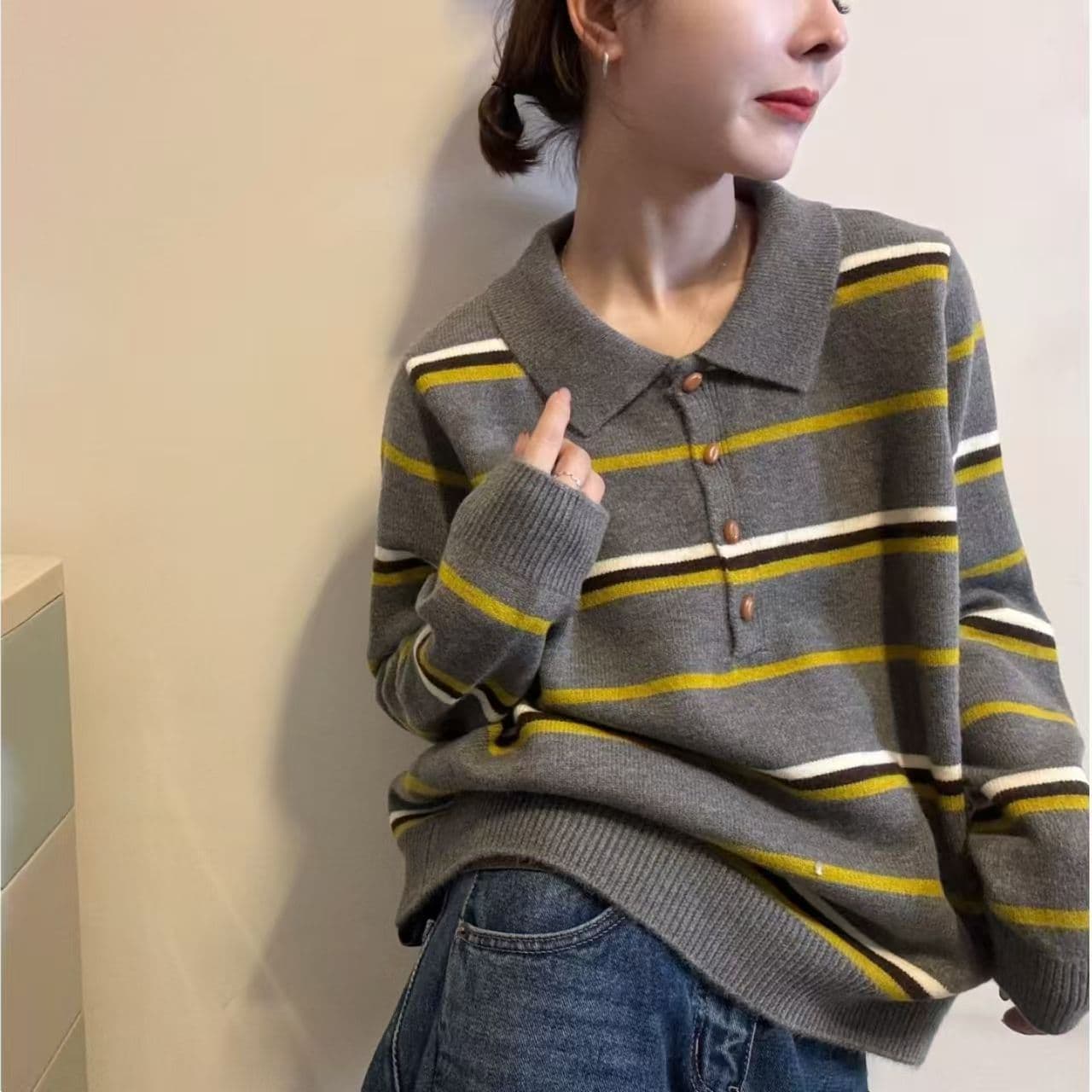 가을 겨울 새로운 스트라이프 ppolo 칼라 풀오버 패션 풀오버 니트 스웨터 스웨터 맨위 여성 상세 이미지 3