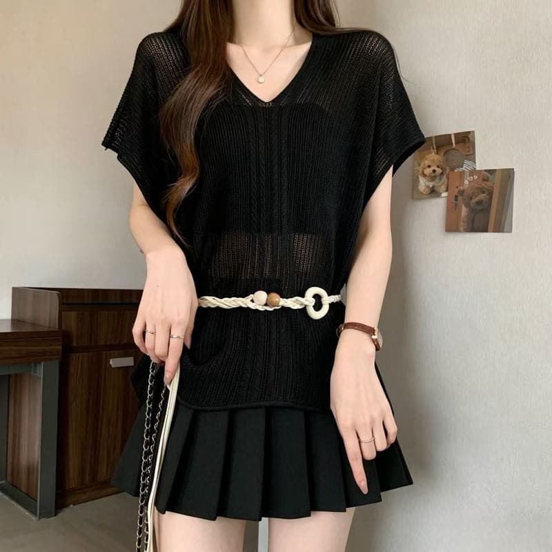 실사 홀로우 아웃 V넥 반팔 얼음 실크 티셔츠 여성 여름 빅 사이즈 지방 mm 불규칙 슬림해 보이는 허리 수축 외부 가져 가라. 블라우스 상세 이미지 18