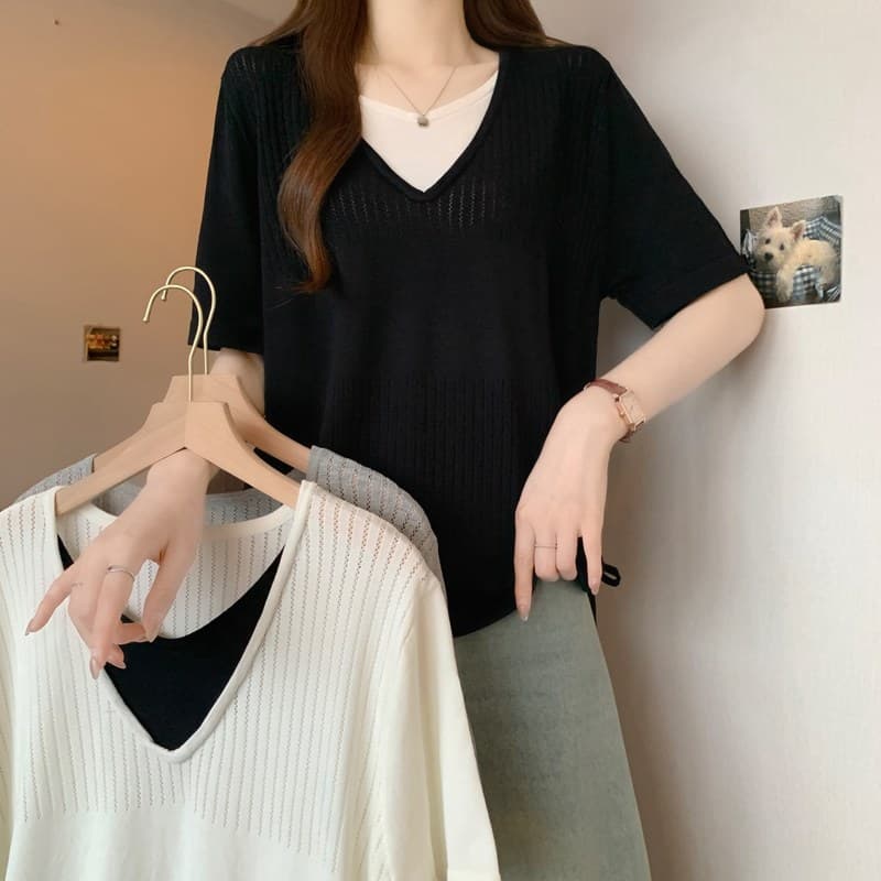 실사 2026 여름 빅 사이즈 지방 mm 페이크 레이어드 얼음 실크 V넥 긍정적 인 어깨 반팔 티셔츠 여성 불규칙 펌프 로프 맨위 상세 이미지 17