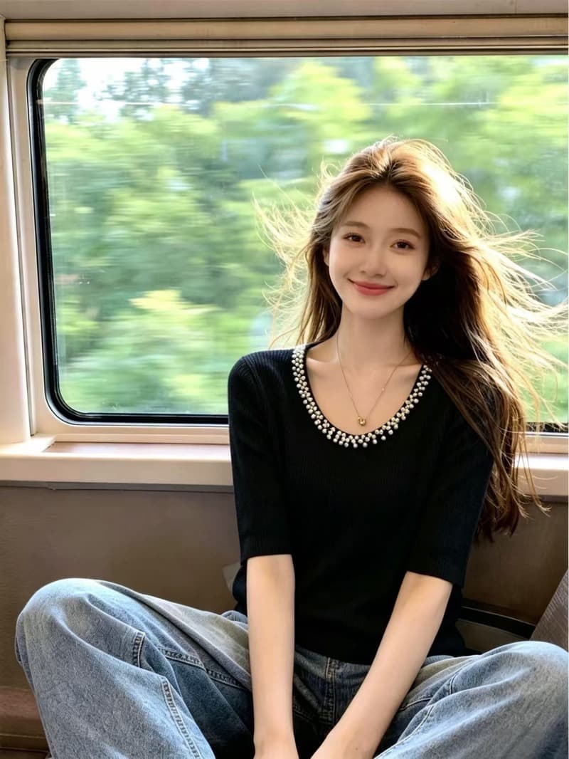 실사 검정색 비즈 박기 반팔 얼음 실크 니트 스웨터 티셔츠 여성 여름 빅 사이즈 지방 mm 슬림해 보이는 표지 배 고급 센스 맨위