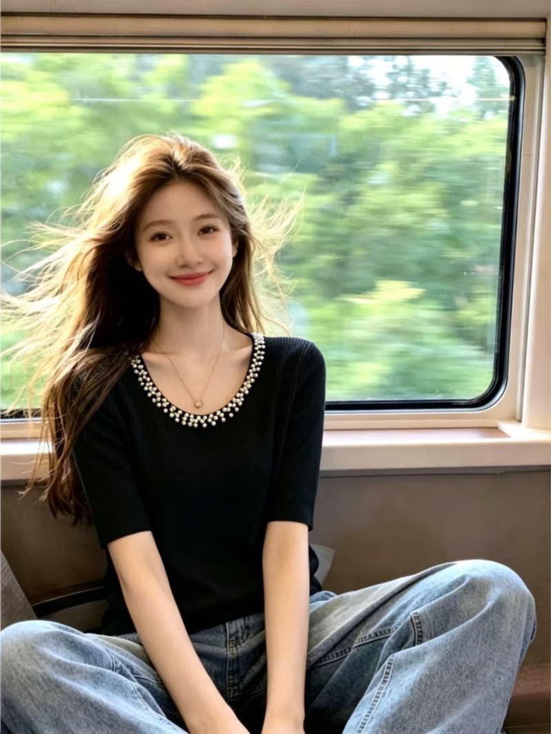실사 검정색 비즈 박기 반팔 얼음 실크 니트 스웨터 티셔츠 여성 여름 빅 사이즈 지방 mm 슬림해 보이는 표지 배 고급 센스 맨위 이미지 4
