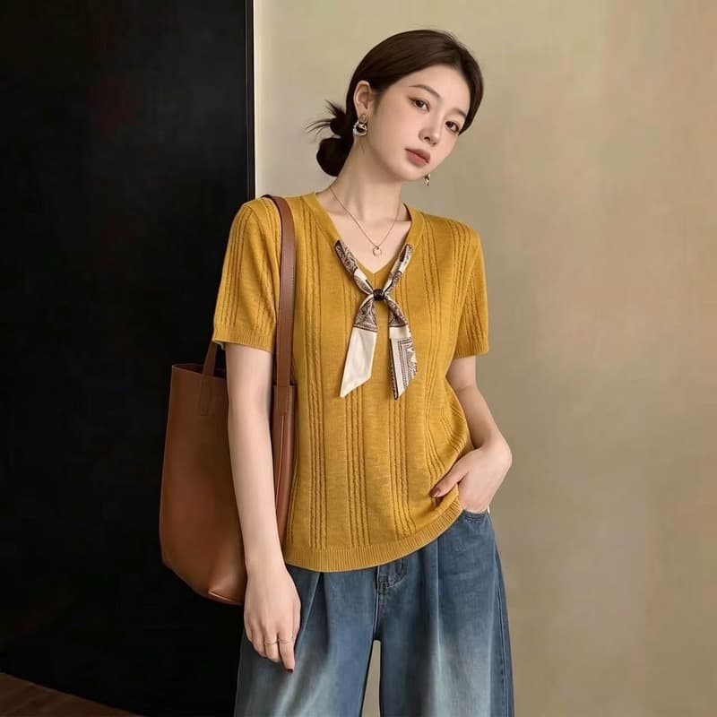 실사 2026 빅 사이즈 지방 mm 스카프 레이스업 반팔 니트 스웨터 디자인 센스 패션 품격 V넥 슬림해 보이는 맨위 이미지 4