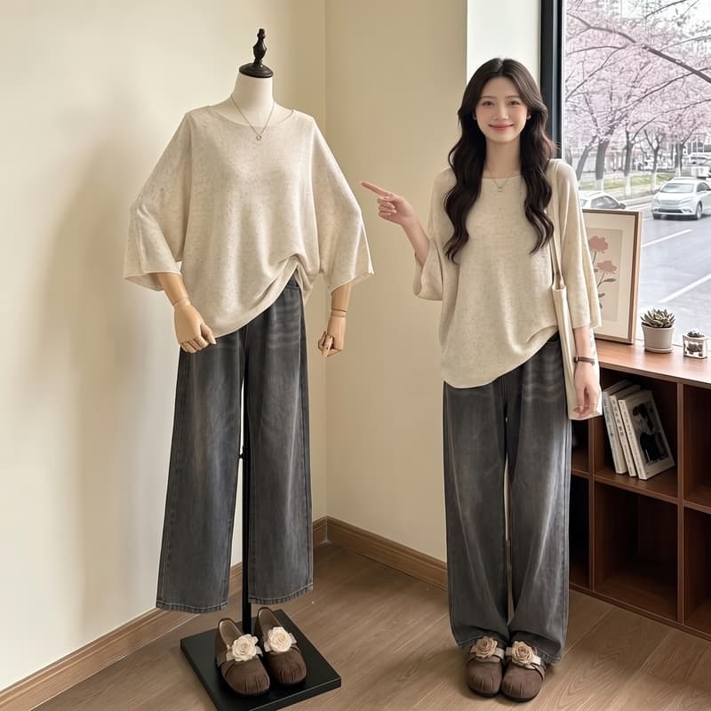 실사 비스듬한 칼라 오프숄더 반팔 얼음 실크 티셔츠 여성 2026 빅 사이즈 지방 mm 슬림해 보이는 표지 배 5 점 소매 니트 맨위 이미지 2