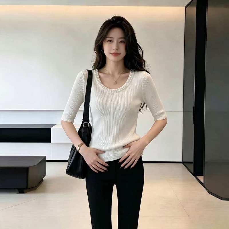 실사 화이트 비즈 박기 반팔 얼음 실크 니트 스웨터 티셔츠 여성 여름 빅 사이즈 지방 mm 슬림해 보이는 표지 배 고급 센스 맨위 이미지 3