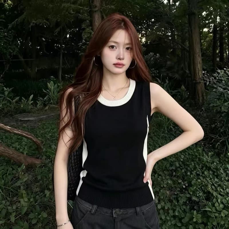 실사 프랑스식 배색 라운드 넥 니트 조끼 여성 2026 여름 빅 사이즈 지방 mm 고급 센스 슬림해 보이는 민소매 맨위 이미지 4