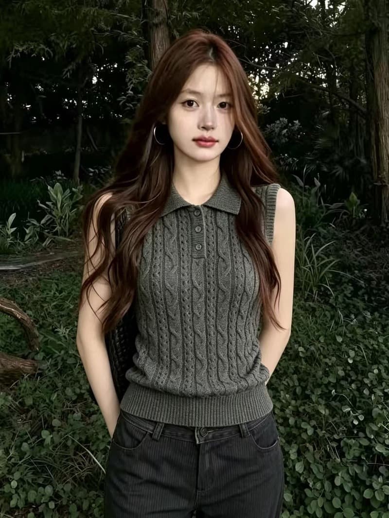 실사 항구 바람 레트로 POLO 칼라 얼음 실크 니트 조끼 여성 여름 빅 사이즈 지방 mm 폴로 칼라 홀로우 아웃 민소매 맨위