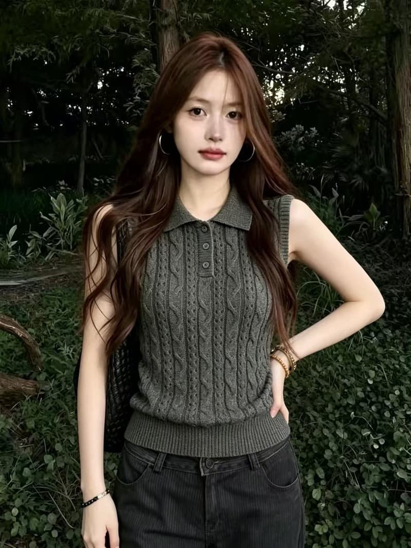 실사 항구 바람 레트로 POLO 칼라 얼음 실크 니트 조끼 여성 여름 빅 사이즈 지방 mm 폴로 칼라 홀로우 아웃 민소매 맨위 상세 이미지 4