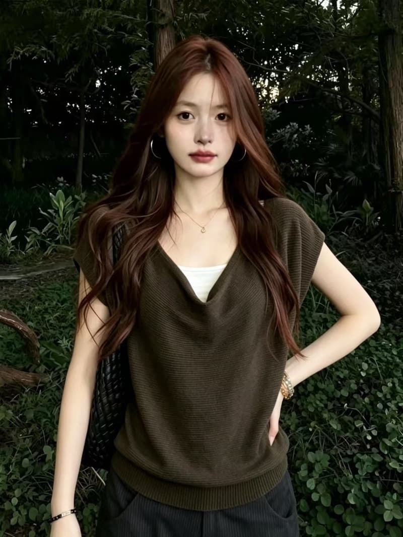 실사 다용도 흔들다 칼라 뒤로 스트랩 반팔 티셔츠 여성 2026 여름 빅 사이즈 지방 mm 루즈핏 슬림해 보이는 니트 맨위 상세 이미지 2