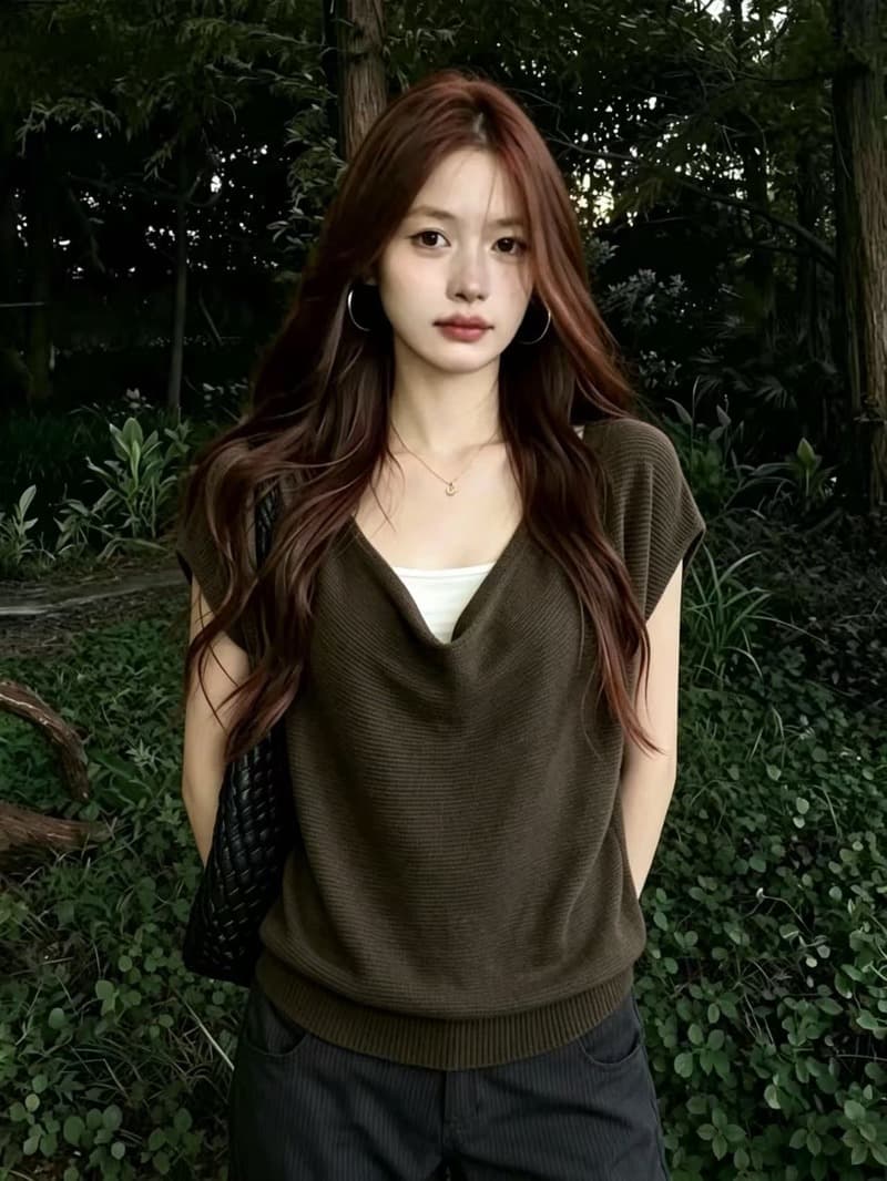 실사 다용도 흔들다 칼라 뒤로 스트랩 반팔 티셔츠 여성 2026 여름 빅 사이즈 지방 mm 루즈핏 슬림해 보이는 니트 맨위 상세 이미지 5