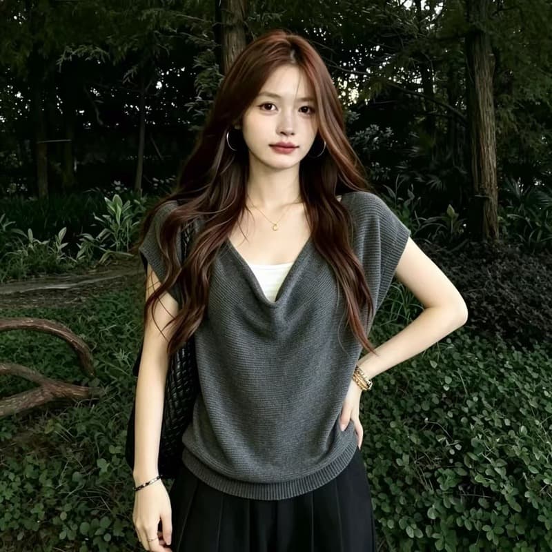 실사 다용도 흔들다 칼라 뒤로 스트랩 반팔 티셔츠 여성 2026 여름 빅 사이즈 지방 mm 루즈핏 슬림해 보이는 니트 맨위 이미지 2