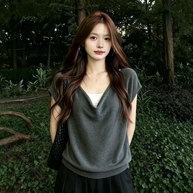 실사 다용도 흔들다 칼라 뒤로 스트랩 반팔 티셔츠 여성 2026 여름 빅 사이즈 지방 mm 루즈핏 슬림해 보이는 니트 맨위