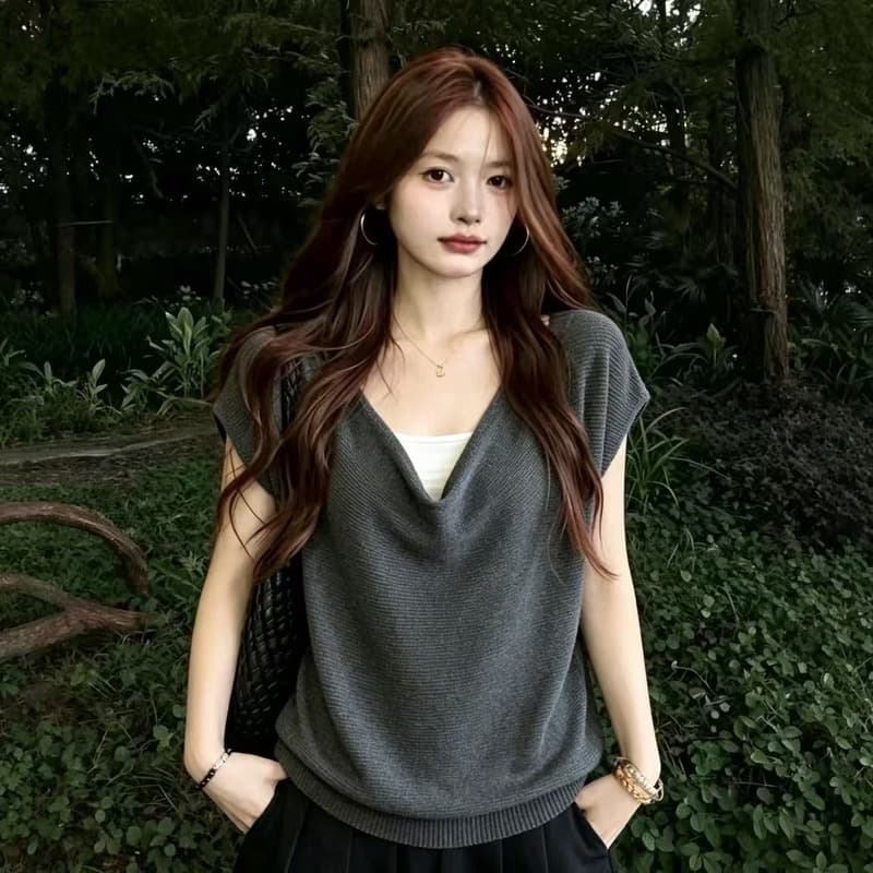 실사 다용도 흔들다 칼라 뒤로 스트랩 반팔 티셔츠 여성 2026 여름 빅 사이즈 지방 mm 루즈핏 슬림해 보이는 니트 맨위 상세 이미지 5