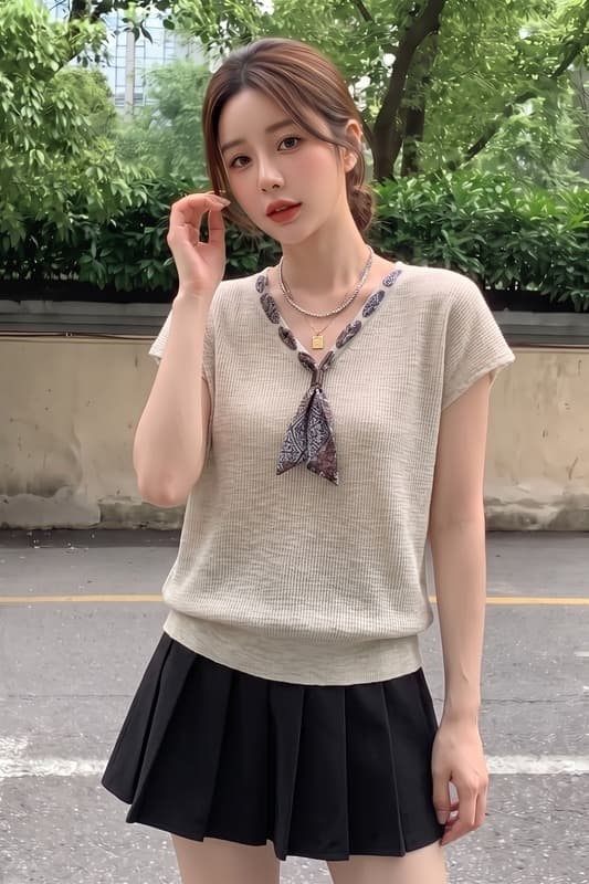 실사 오래된 돈 바람 V넥 스카프 반팔 니트 스웨터 여성 여름 빅 사이즈 지방 mm 외국 가스 다용도 루즈핏 슬림해 보이는 맨위 이미지 6