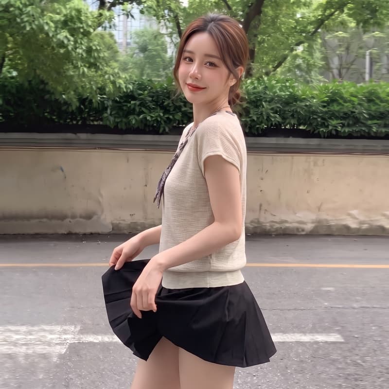 실사 오래된 돈 바람 V넥 스카프 반팔 니트 스웨터 여성 여름 빅 사이즈 지방 mm 외국 가스 다용도 루즈핏 슬림해 보이는 맨위 상세 이미지 7