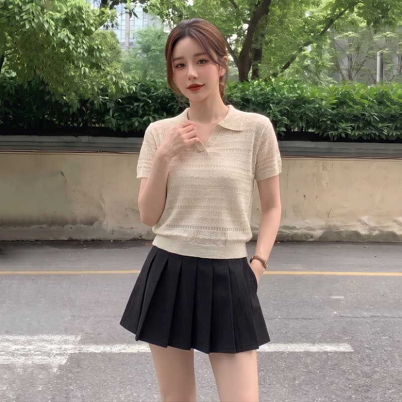 실사 오래된 돈 바람 V넥 아마 니트 반팔 티셔츠 여성 여름 2026 루즈핏 홀로우 아웃 POLO 셔츠 긍정적 인 어깨 의류 상세 이미지 7
