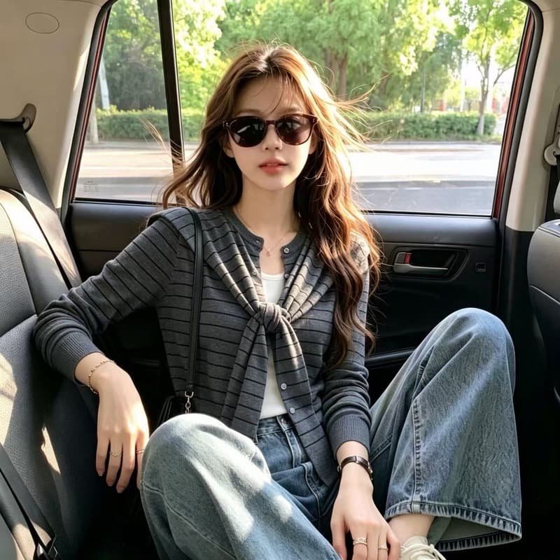 실사 가을 켜기 새로운 2026 빅 사이즈 지방 mm 스트라이프 긴팔 니트 오픈 가디건 숄 여성 페이크 레이어드 루즈핏 맨위 상세 이미지 9