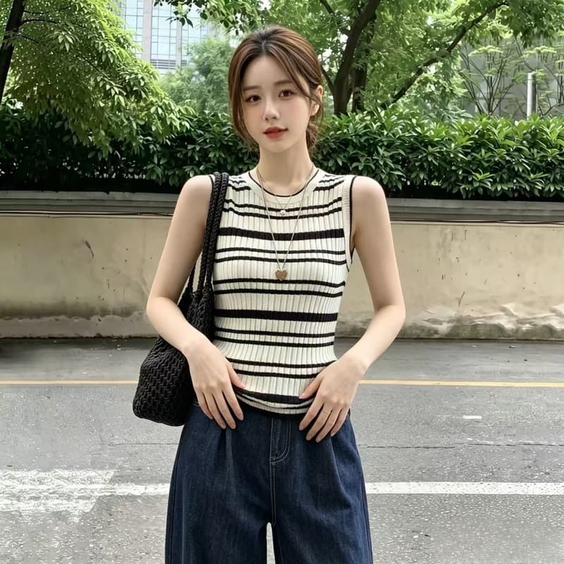 실사 2026 가을 빅 사이즈 마이크로 지방 mm 기본 셔츠 조끼 여성 한국 스타일 인사이드 가져 가라. 스트라이프 민소매 니트 맨위 트렌디 이미지 4