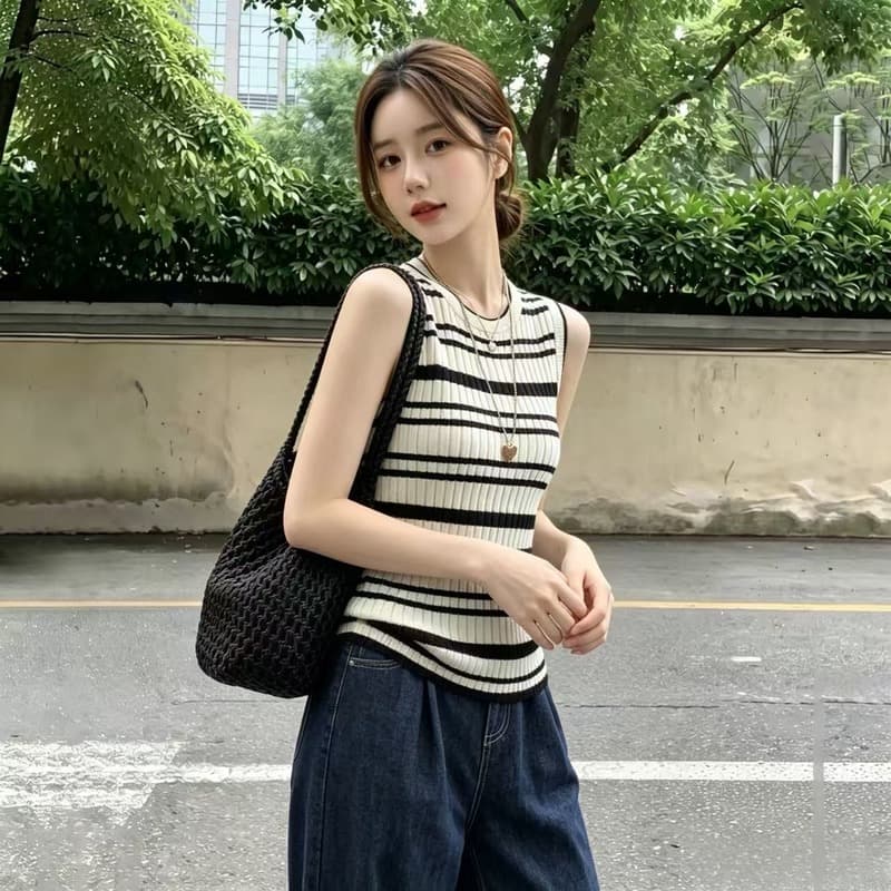 실사 2026 가을 빅 사이즈 마이크로 지방 mm 기본 셔츠 조끼 여성 한국 스타일 인사이드 가져 가라. 스트라이프 민소매 니트 맨위 트렌디 이미지 5