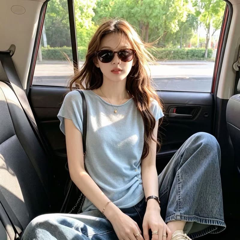실사 하늘색 반팔 얼음 실크 티셔츠 기본 셔츠 여성 얇은 여름 빅 사이즈 지방 mm 슬림해 보이는 디자인 센스 주름 장식 맨위 상세 이미지 4