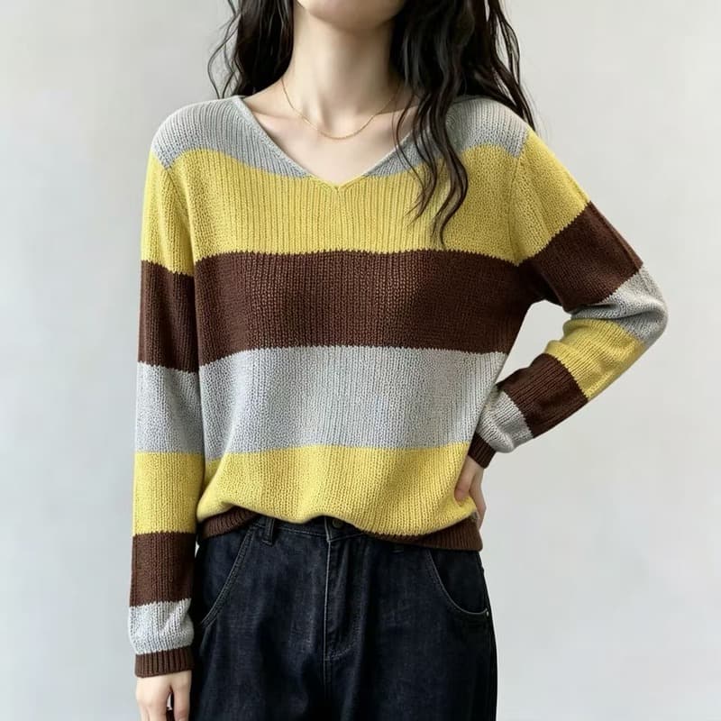 실사 2026 가을 빅 사이즈 지방 mm 배색 V넥 니트 기본 셔츠 여성 느긋한 바람 스트라이프 슬림해 보이는 인사이드 가져 가라. 스웨터 이미지 2