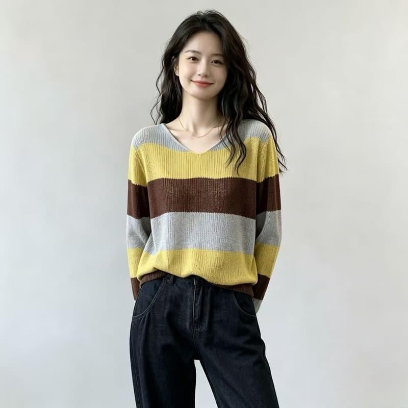 실사 2026 가을 빅 사이즈 지방 mm 배색 V넥 니트 기본 셔츠 여성 느긋한 바람 스트라이프 슬림해 보이는 인사이드 가져 가라. 스웨터 이미지 3
