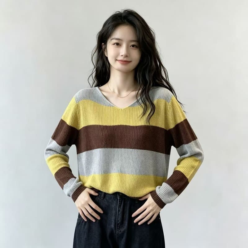 실사 2026 가을 빅 사이즈 지방 mm 배색 V넥 니트 기본 셔츠 여성 느긋한 바람 스트라이프 슬림해 보이는 인사이드 가져 가라. 스웨터 이미지 4