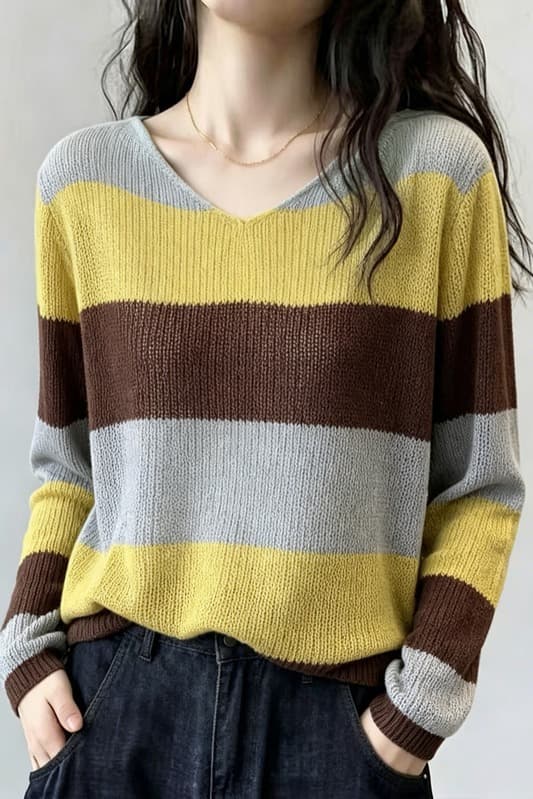 실사 2026 가을 빅 사이즈 지방 mm 배색 V넥 니트 기본 셔츠 여성 느긋한 바람 스트라이프 슬림해 보이는 인사이드 가져 가라. 스웨터 이미지 6