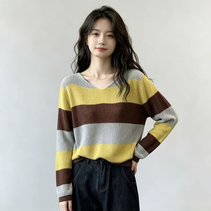 실사 2026 가을 빅 사이즈 지방 mm 배색 V넥 니트 기본 셔츠 여성 느긋한 바람 스트라이프 슬림해 보이는 인사이드 가져 가라. 스웨터 상세 이미지 4