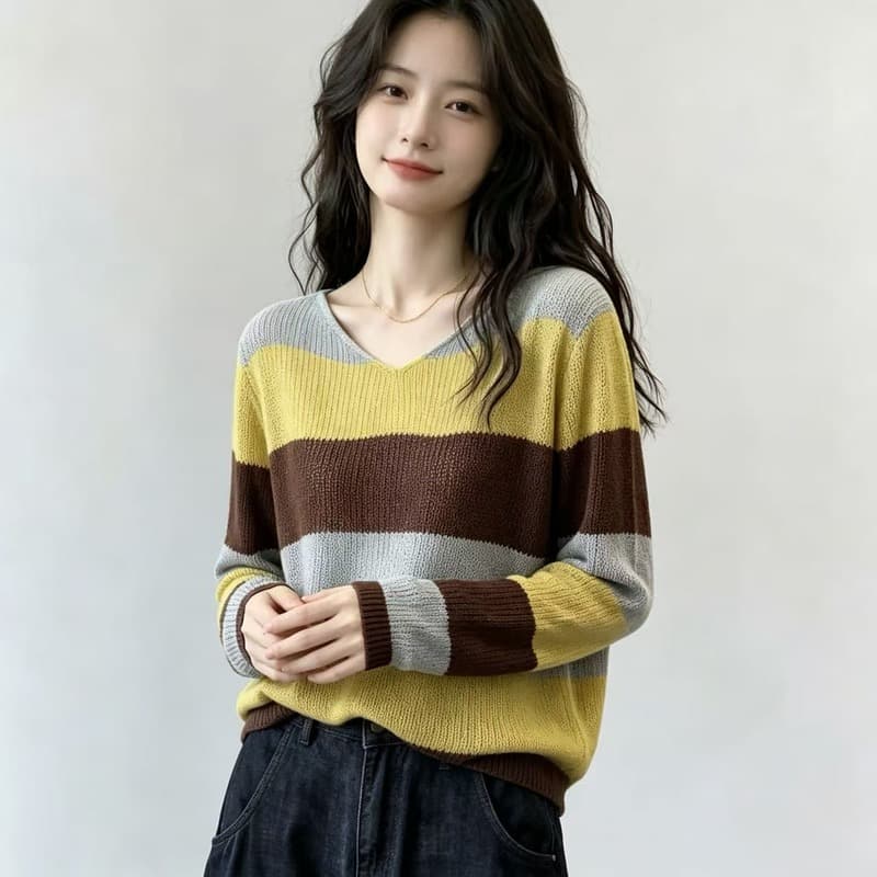 실사 2026 가을 빅 사이즈 지방 mm 배색 V넥 니트 기본 셔츠 여성 느긋한 바람 스트라이프 슬림해 보이는 인사이드 가져 가라. 스웨터 상세 이미지 7