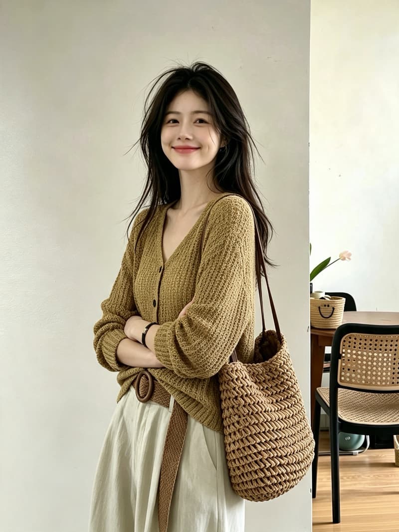 실사 2026 빅 사이즈 지방 mm 가을 새로운 느긋한 바람 V넥 긴팔 니트 오픈 가디건 스웨터 여자 홀로우 아웃 재킷 이미지 4