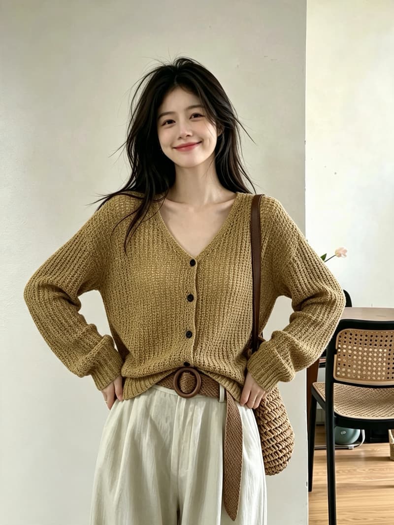 실사 2026 빅 사이즈 지방 mm 가을 새로운 느긋한 바람 V넥 긴팔 니트 오픈 가디건 스웨터 여자 홀로우 아웃 재킷 상세 이미지 3