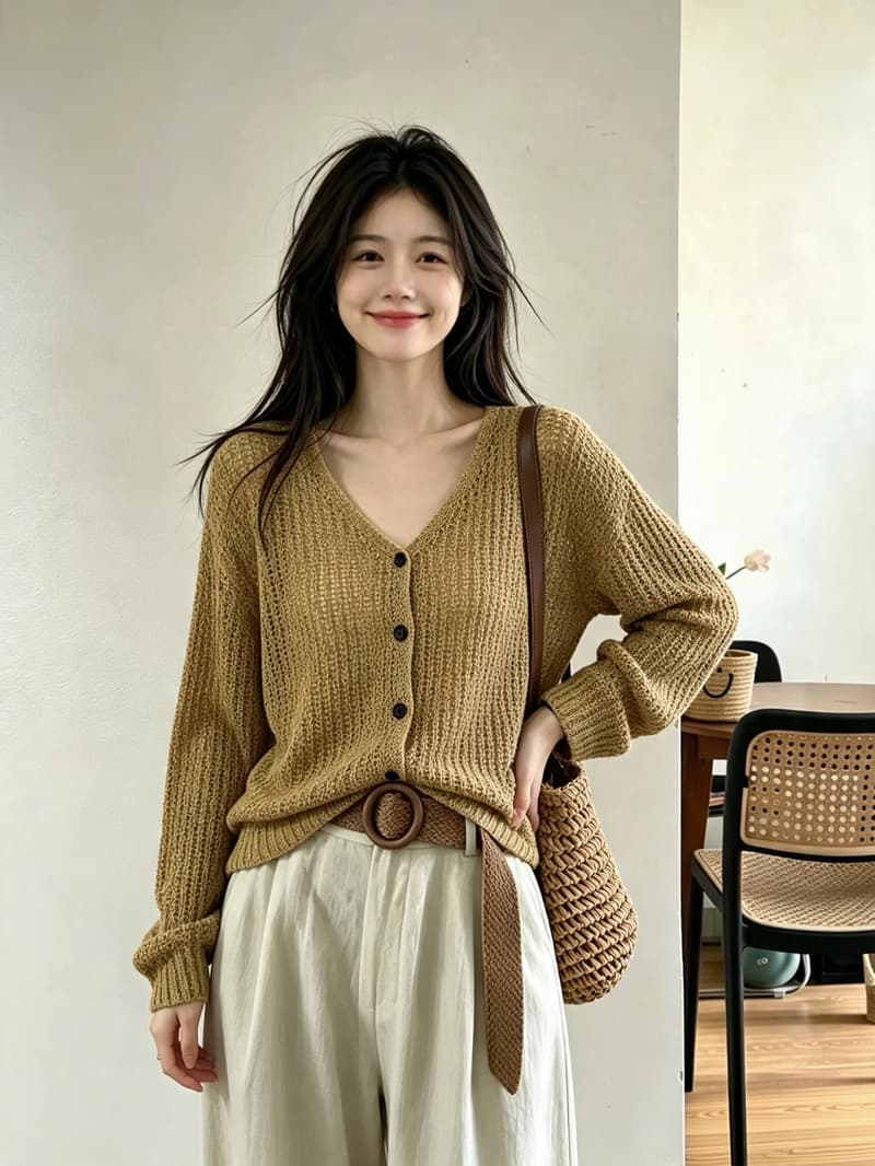 실사 2026 빅 사이즈 지방 mm 가을 새로운 느긋한 바람 V넥 긴팔 니트 오픈 가디건 스웨터 여자 홀로우 아웃 재킷 상세 이미지 4