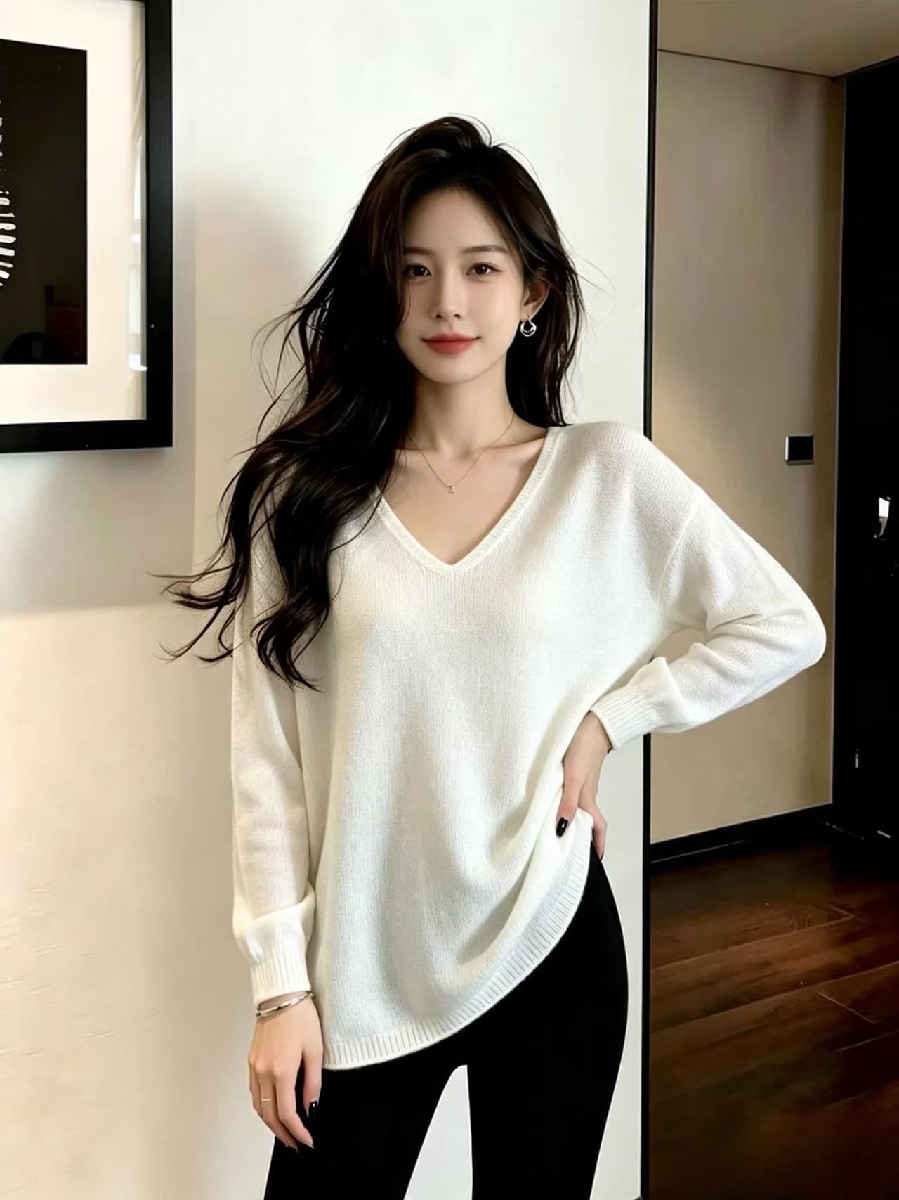 실사 빅 사이즈 루즈핏 자이언트 슬림해 보이는 V넥 니트 스웨터 여성 가을 겨울 지방 mm 검정색 스웨터 인사이드 가져 가라. 만나는 맨위 상세 이미지 3