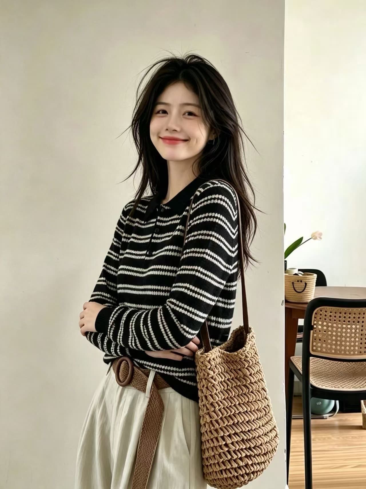 실사 2026 가을 겨울 빅 사이즈 여성 의류 품격 스트라이프 POLO 칼라 스웨터 학원 스타일 풀오버 긴팔 니트 스웨터 이미지 4