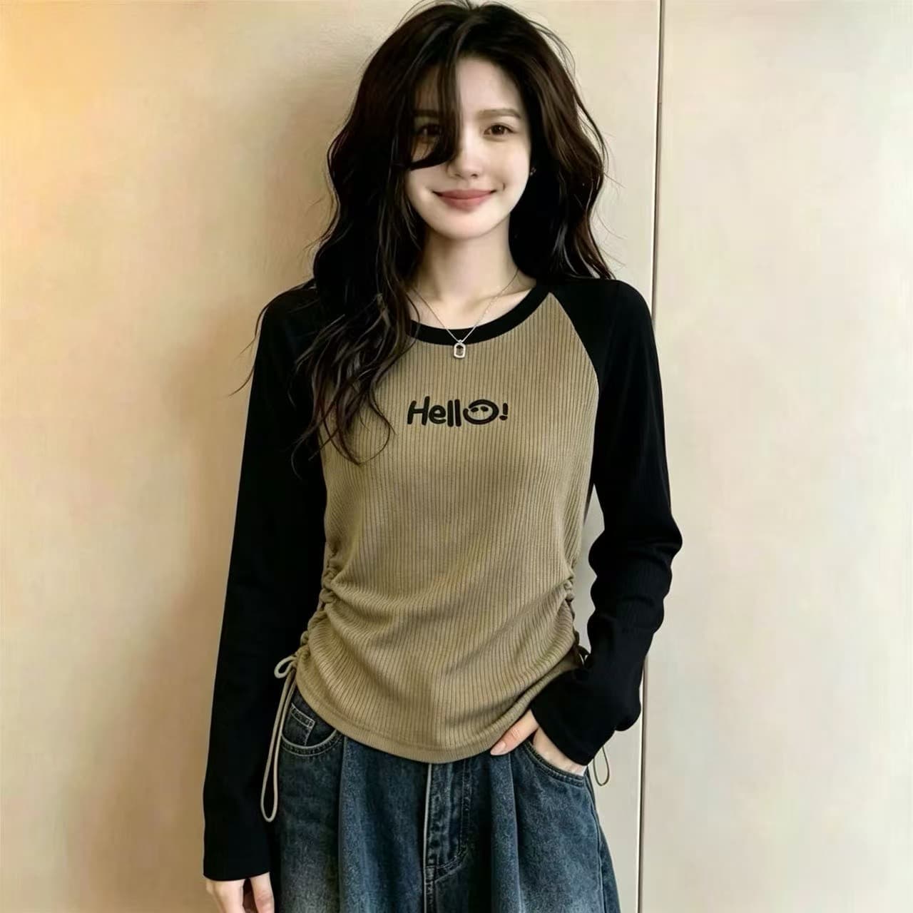 실사 빅 사이즈 이른 가을 아메리칸 삽입 어깨 긴팔 여성 Chic 만나는 인사이드 가져 가라. 펌프 로프 허리 수축 슬림해 보이는 니트 스웨터 이미지 3