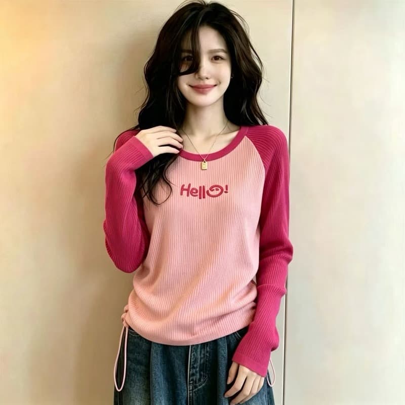 실사 빅 사이즈 이른 가을 아메리칸 삽입 어깨 긴팔 여성 Chic 만나는 인사이드 가져 가라. 펌프 로프 허리 수축 슬림해 보이는 니트 스웨터 이미지 2