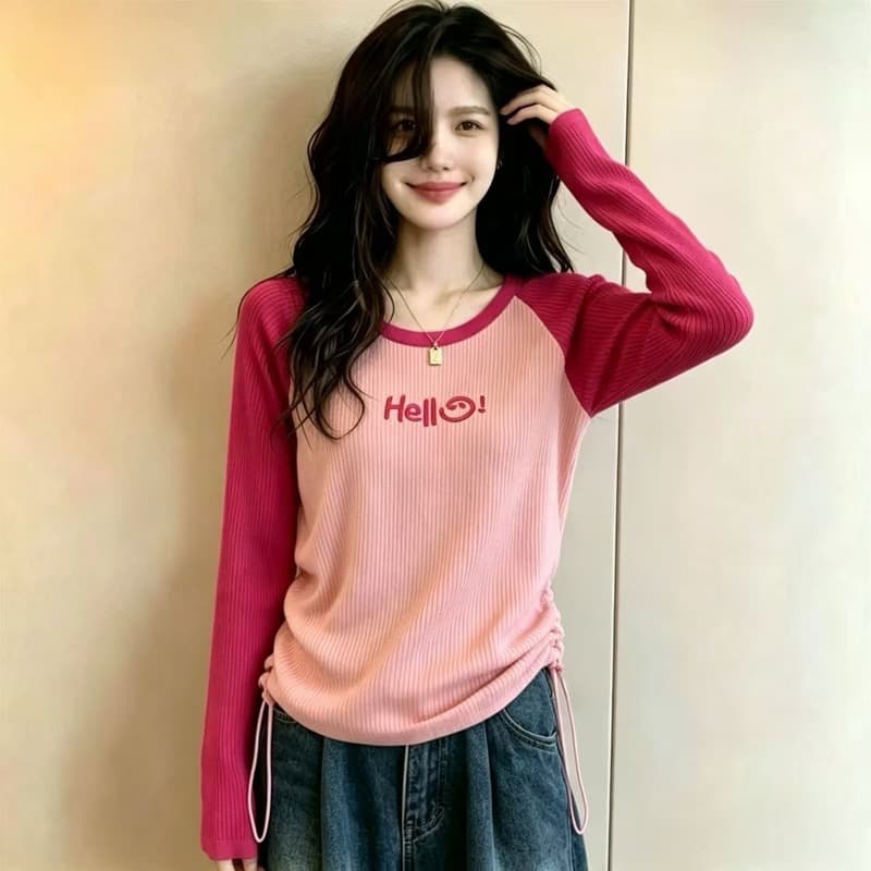실사 빅 사이즈 이른 가을 아메리칸 삽입 어깨 긴팔 여성 Chic 만나는 인사이드 가져 가라. 펌프 로프 허리 수축 슬림해 보이는 니트 스웨터 이미지 3