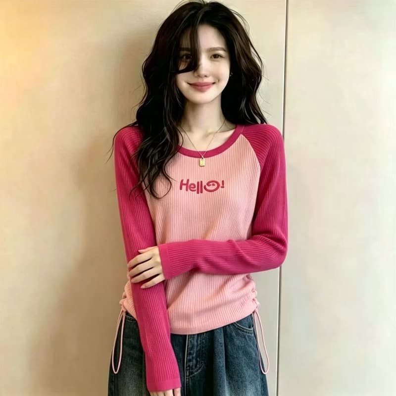 실사 빅 사이즈 이른 가을 아메리칸 삽입 어깨 긴팔 여성 Chic 만나는 인사이드 가져 가라. 펌프 로프 허리 수축 슬림해 보이는 니트 스웨터 상세 이미지 4