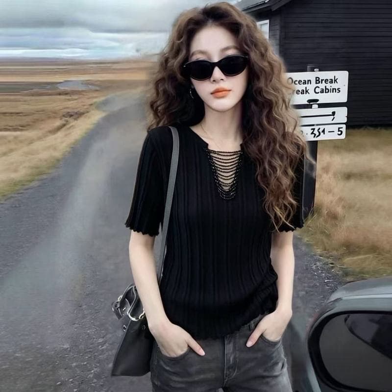 실사 2026 가을 새로운 빅 사이즈 지방 mm 표지 배 반팔 V넥 만나는 니트 스웨터 여성 인사이드 가져 가라. 외국 가스 맨위 이미지 2