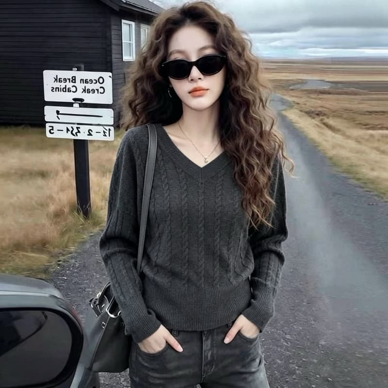 실사 오래된 돈 바람 V넥 느긋한 바람 부드러운 찹쌀 꽈배기 스웨터 여자 2026 가을 겨울 빅 사이즈 인사이드 가져 가라. 긴팔 니트 상세 이미지 2