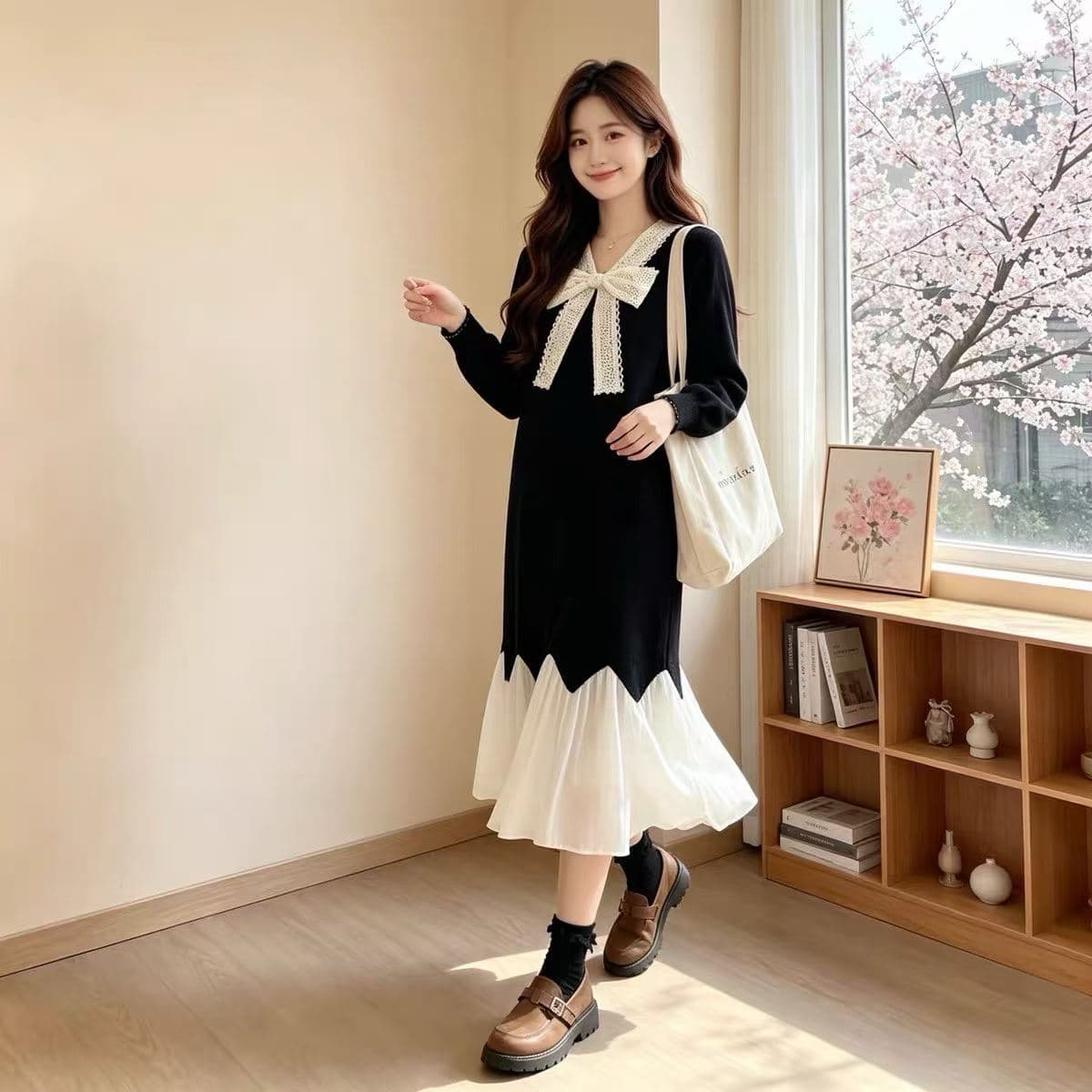출산 착용 드레스 2026 가을 달콤함 나비 매듭 패치워크 니트 임신 수유 드레스 이미지 4