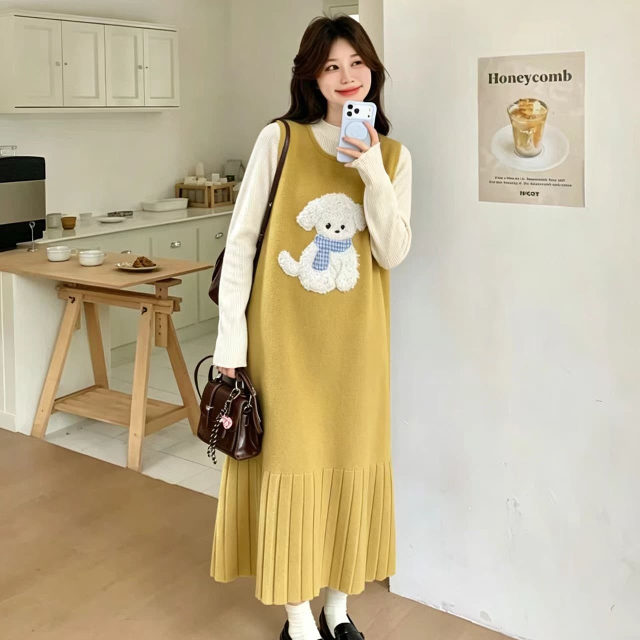 출산 착용 가을 니트 기본 셔츠 만화 조끼 치마 세트 패션 매운맛 엄마 나가라. 수유 투피스 세트
