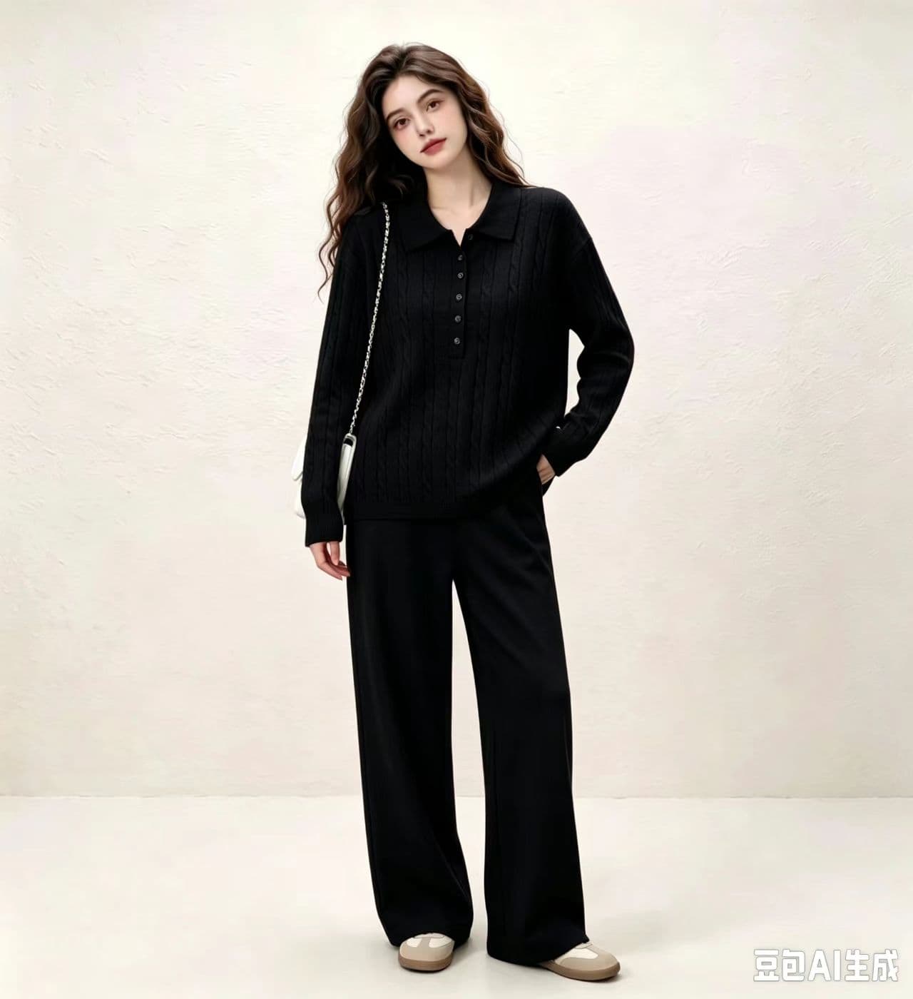 가을 미니멀리즘 POLO 칼라 마 무늬 풀오버 니트 스웨터 세트 루즈핏 슬림해 보이는 매운맛 엄마 수유 투피스 세트 이미지 3
